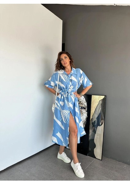 Egzotik Asortik Kadın Yaprak Desenli Beli Kordon Kuşaklı Gömlek Elbise fiyatları