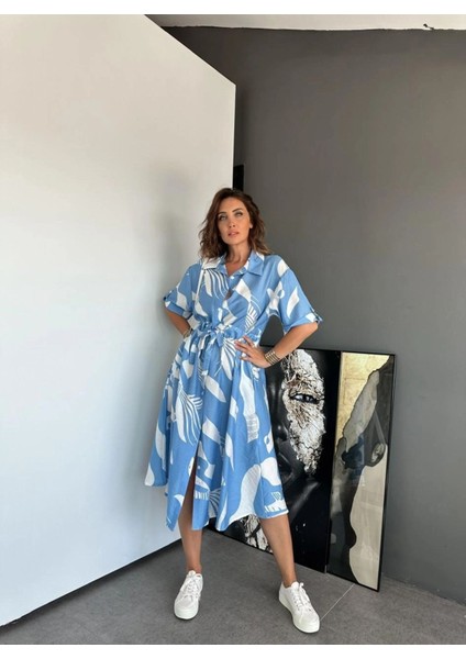 Egzotik Asortik Kadın Yaprak Desenli Beli Kordon Kuşaklı Gömlek Elbise modelleri