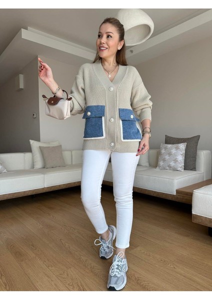 Bebe Plus Kadın Cepleri Jean Sedef Düğmeli Triko Hırka