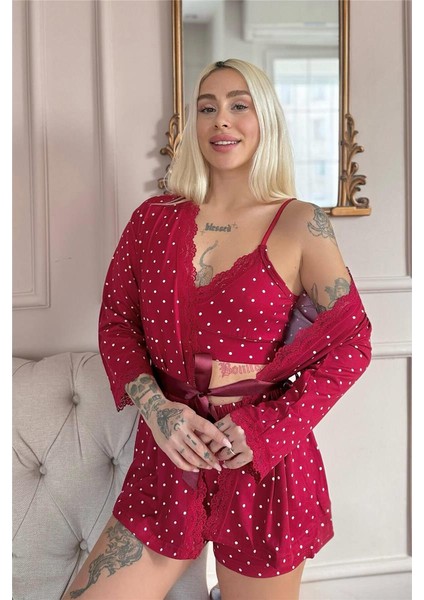 Kırmızı Puan Desenli Bambu Crop Sabahlıklı Şortlu Kadın Pijama Takımı