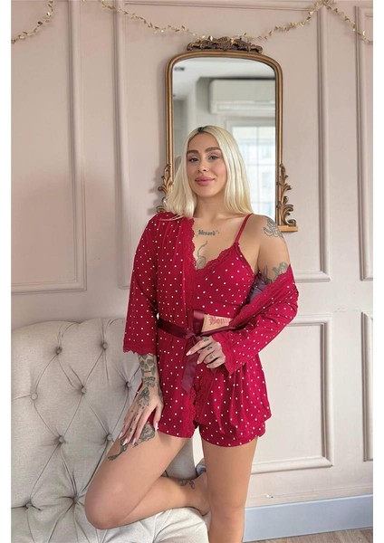 Kırmızı Puan Desenli Bambu Crop Sabahlıklı Şortlu Kadın Pijama Takımı
