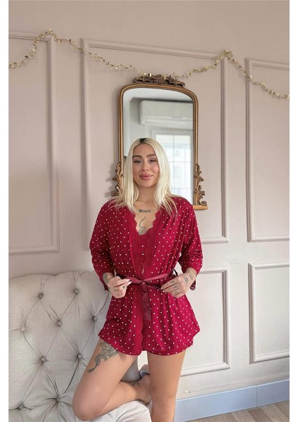 Kırmızı Puan Desenli Bambu Crop Sabahlıklı Şortlu Kadın Pijama Takımı