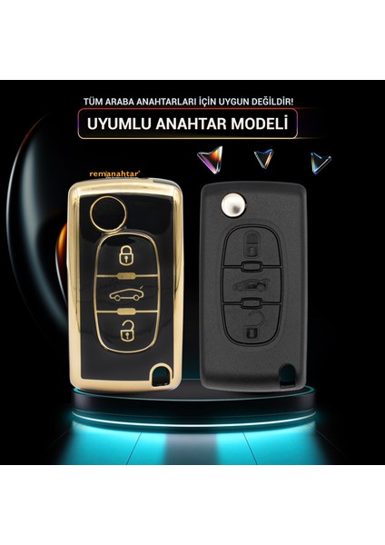 C3 C4 308 5008 3 Buton Sustalı Nano Anahtar Kılıfı Siyah