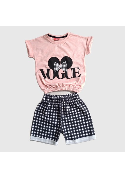 Minilkabebe Vogue Kız Çocuk Piti Kare Şort &tişört Takım Pudra-Siyah