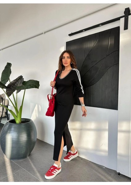 Egzotik Asortik Kadın V Yakası ve Uzun Kol 3 Şeritli Midi Boy Penye Elbise