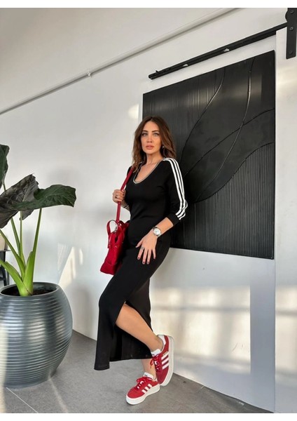 Egzotik Asortik Kadın V Yakası ve Uzun Kol 3 Şeritli Midi Boy Penye Elbise
