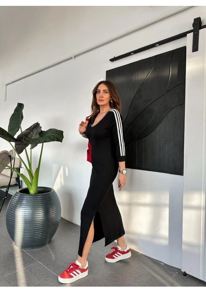 Egzotik Asortik Kadın V Yakası ve Uzun Kol 3 Şeritli Midi Boy Penye Elbise