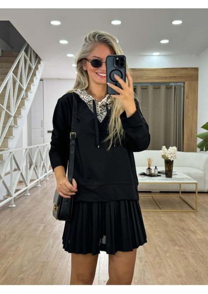 Bebe Plus Kadın Kapüşon V Yakası Leopar Desenli Pamuk Sweatshirt