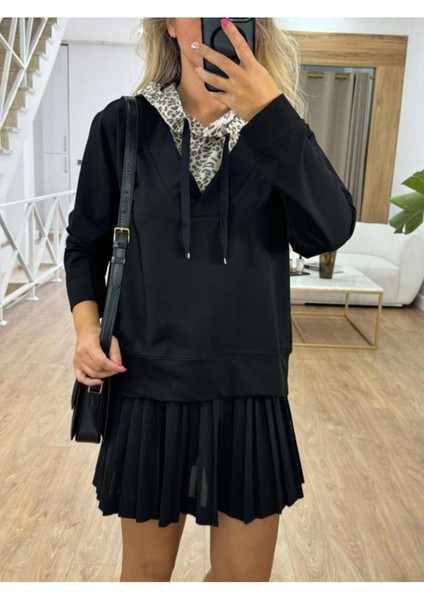 Bebe Plus Kadın Kapüşon V Yakası Leopar Desenli Pamuk Sweatshirt modelleri