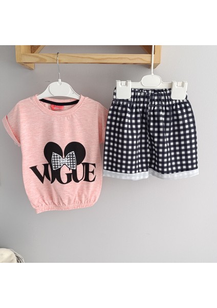 Minilkabebe Vogue Kız Çocuk Piti Kare Şort &tişört Takım Pudra-Siyah