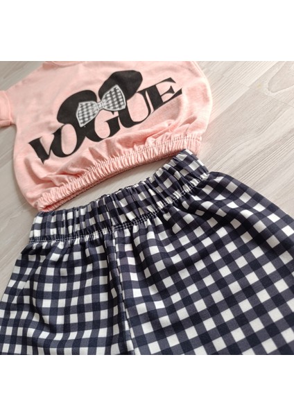 Minilkabebe Vogue Kız Çocuk Piti Kare Şort &tişört Takım Pudra-Siyah