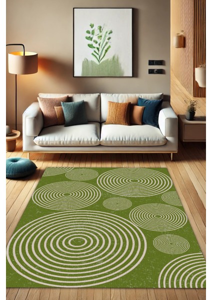 Yuvarlak Desenli Dijital Baskılı Kaymaz Yıkanabilir Geometrik Desenli Yeşil Halı