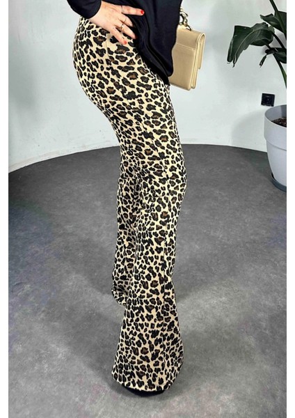 Kadın Çelik Örme Beli Lastikli En Boy Full Likra Ispanyol Paça Leopar Desenli Pantolon