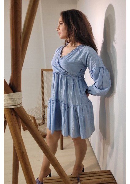 Kadınuzun Kollu Kruvaze Ekoseli Kısa Elbise fırsatları