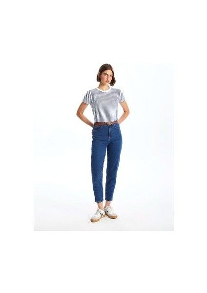 Indigo Beli Kemerli Mom Fit Kadın Jean Pantolon