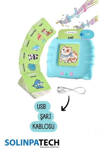 Erken Eğitim Ingilizce Sesli Flash Kartları Pvc Kart Şeffaf Koruma ile Yıpranmaz Yırtılmaz Kartlı Mavi