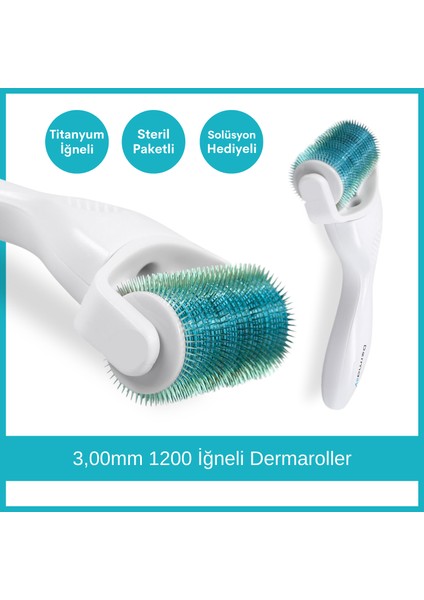 3,00 mm 1200 İğneli Vücut Dermaroller - Titanyum İğneli - Dermaroller Solüsyonu Hediyeli