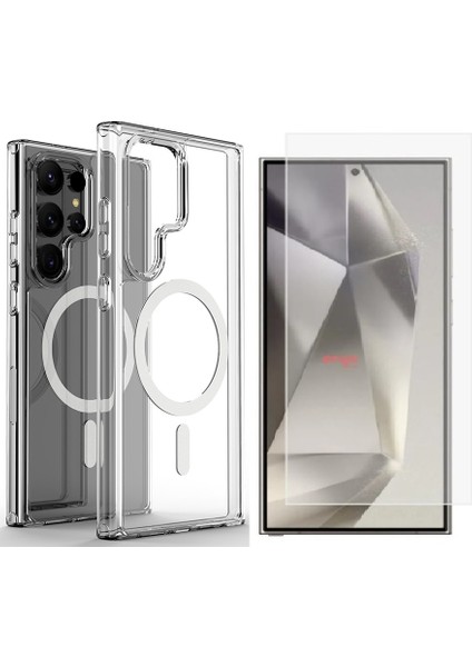 Galaxy S25 Ultra Kılıf Magsafe Şarj Özellikli Şeffaf Sert PC Zore Embos Kapak + Zore Nano Micro Temperli Ekran Koruyucu