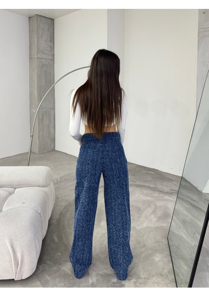 Kadın Mavi Punch Detaylı Özel Tasarım Geniş Paça Pantolon modelleri