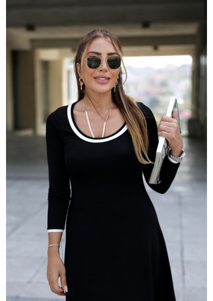 Kadın Yaka ve Etek Ucu Biyeli Uzun Kollu Kısa Elbise