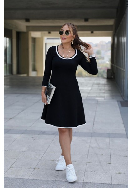 Kadın Yaka ve Etek Ucu Biyeli Uzun Kollu Kısa Elbise fiyatları