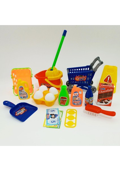 2'li Set Oyuncak Aksesuarlı Mop Mini Temizlik & Market Arabalı Market Ürünleri Evcilik Oyun Seti