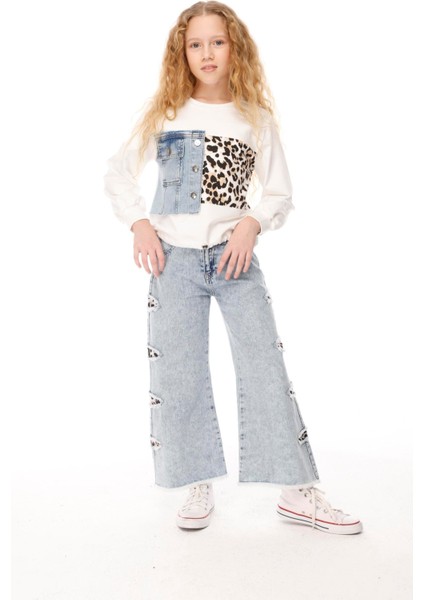Kız Çocuk Leopar Denim Pantolon 7-14 Yaş Mavi