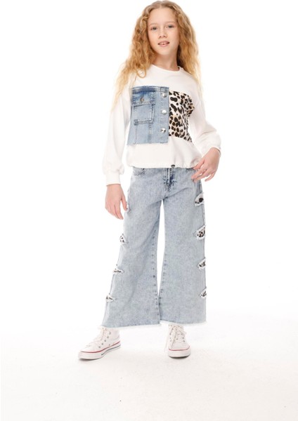 Kız Çocuk Leopar Denim Pantolon 7-14 Yaş Mavi