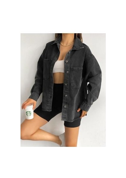 Çift Cepli Oversize Denim Gömlek