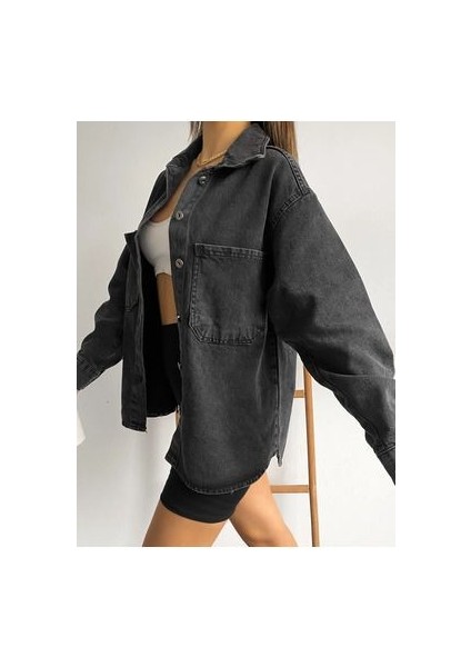Çift Cepli Oversize Denim Gömlek