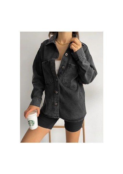 Çift Cepli Oversize Denim Gömlek