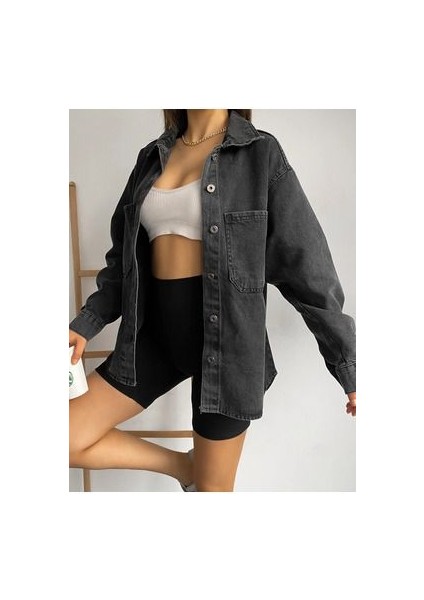 Çift Cepli Oversize Denim Gömlek