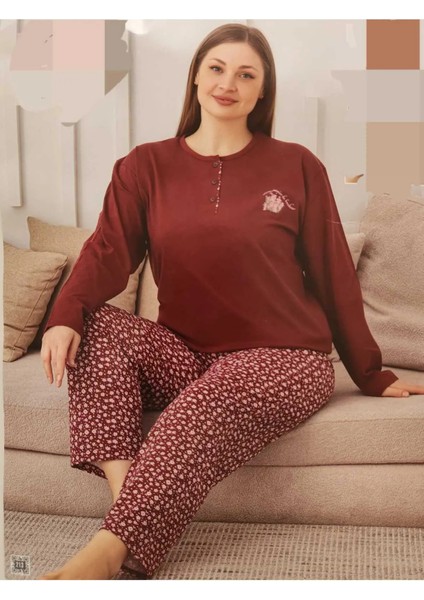 Pamuklu Uzun Kollu Anne Pijama Takımı 6508 Bordo