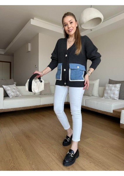 Bebe Plus Kadın Cepleri Jean Sedef Düğmeli Triko Hırka
