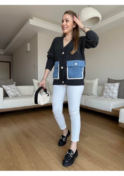 Bebe Plus Kadın Cepleri Jean Sedef Düğmeli Triko Hırka