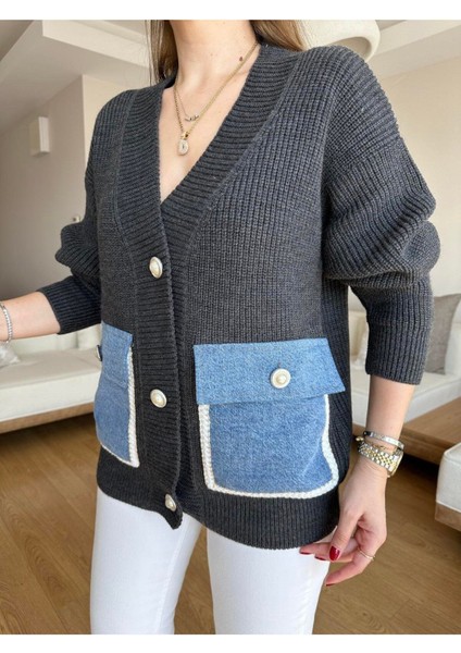 Bebe Plus Kadın Cepleri Jean Sedef Düğmeli Triko Hırka