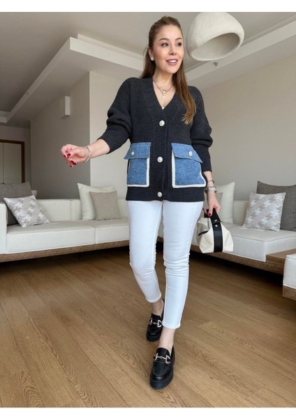 Bebe Plus Kadın Cepleri Jean Sedef Düğmeli Triko Hırka