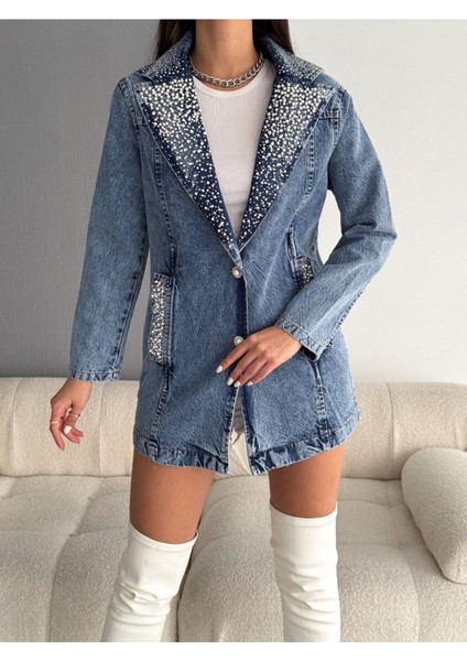 Oreo Jeans Kadın Yaka ve Cepleri Inci ve Taş Işlemeli Denim Ceket
