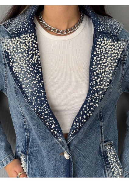 Oreo Jeans Kadın Yaka ve Cepleri Inci ve Taş Işlemeli Denim Ceket fiyatları