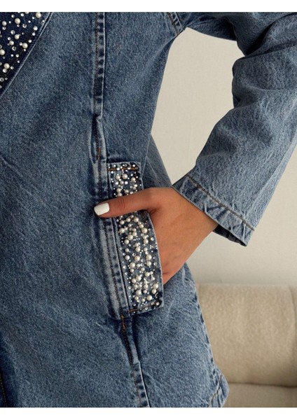 Oreo Jeans Kadın Yaka ve Cepleri Inci ve Taş Işlemeli Denim Ceket modelleri