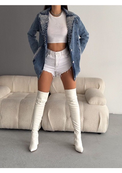 Oreo Jeans Kadın Yaka ve Cepleri Inci ve Taş Işlemeli Denim Ceket indirimleri