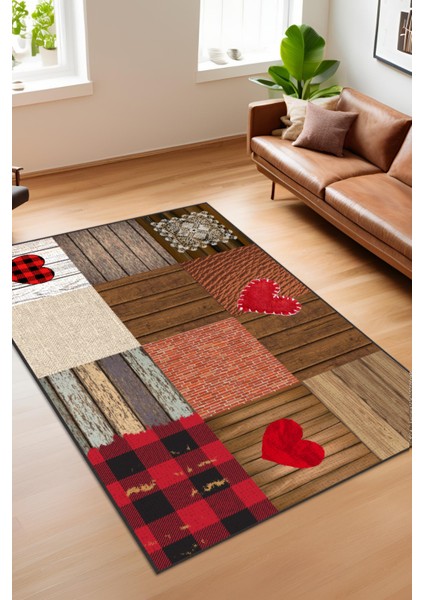 Patchwork Halı Kalpli Halı Parke Görünümlü Halı Kumaş Görünümlü Dijital Baskılı Halı