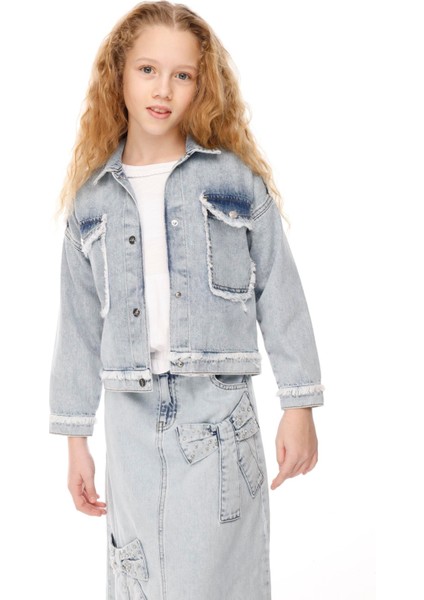 Kız Çocuk Cepli Denim Ceket 7-14 Yaş Mavi