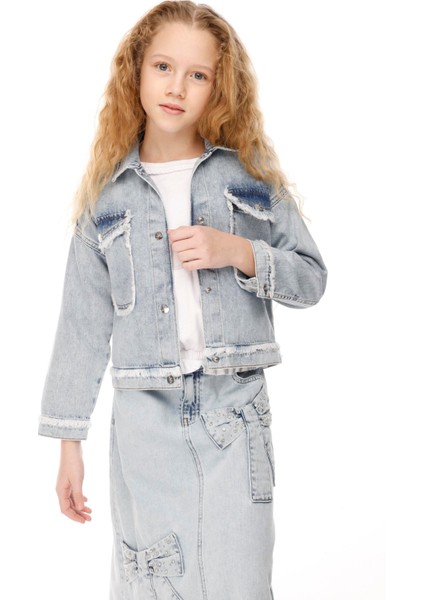 Kız Çocuk Cepli Denim Ceket 7-14 Yaş Mavi fiyatları
