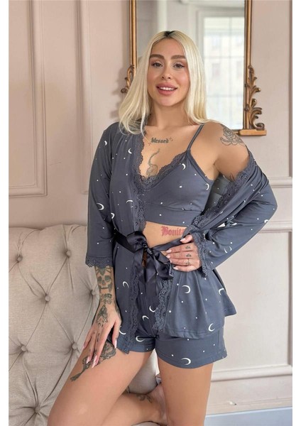 Antrasit Ay Yıldız Desenli Bambu Crop Sabahlıklı Şortlu Kadın Pijama Takımı