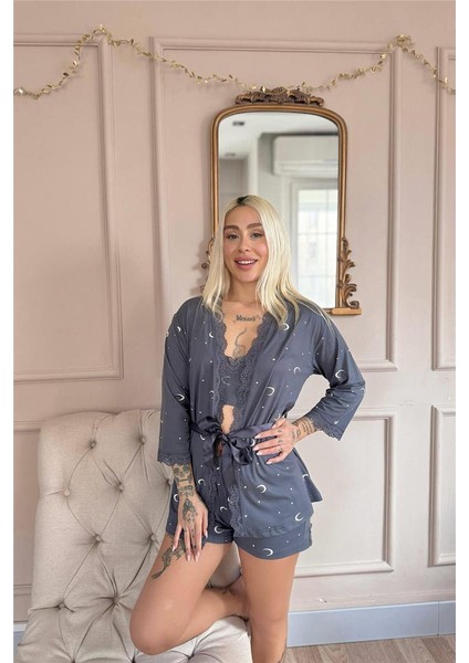Antrasit Ay Yıldız Desenli Bambu Crop Sabahlıklı Şortlu Kadın Pijama Takımı fiyatları