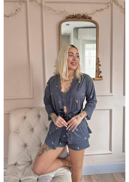 Antrasit Ay Yıldız Desenli Bambu Crop Sabahlıklı Şortlu Kadın Pijama Takımı fırsatları