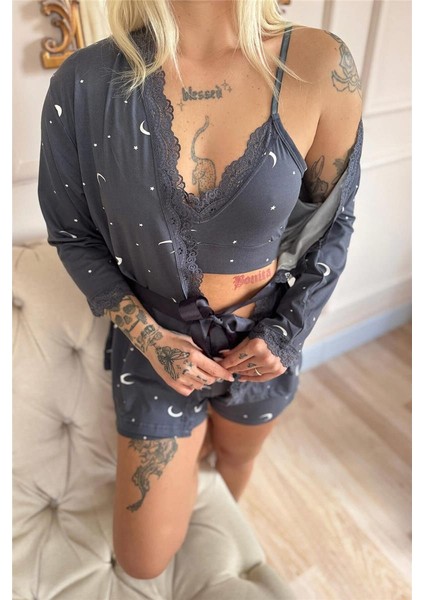 Antrasit Ay Yıldız Desenli Bambu Crop Sabahlıklı Şortlu Kadın Pijama Takımı indirimleri