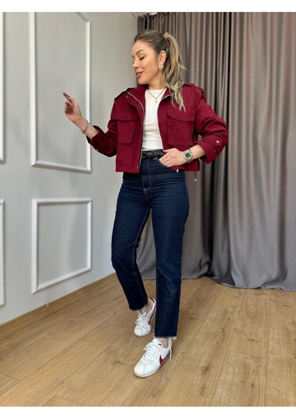 Keyymod Kadın Çift Cep Apolet Detaylı Dik Yaka Oversize Astarlı Mont