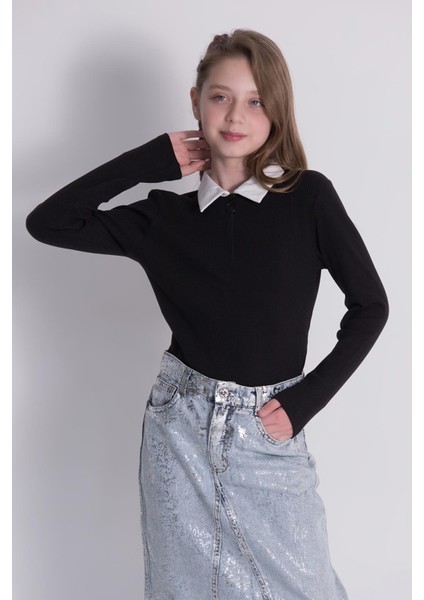 Dmb Kız Çocuk Yaka Fermuarlı Sweatshirt 9-14 Yaş Siyah